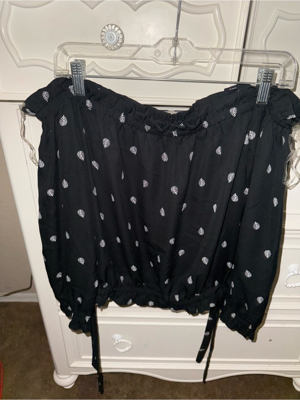 Women’s Black Off-Shoulder Long Sleeve Top with White Leaf Print